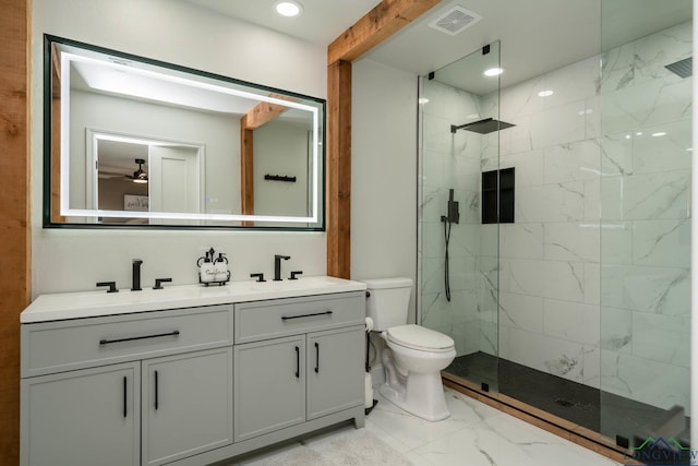 bathroom with visible vents, a sink, walk in shower, toilet, and marble finish floor