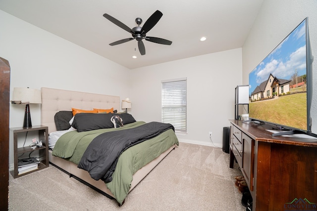 bedroom featuring recessed lighting, baseboards, light carpet, and ceiling fan