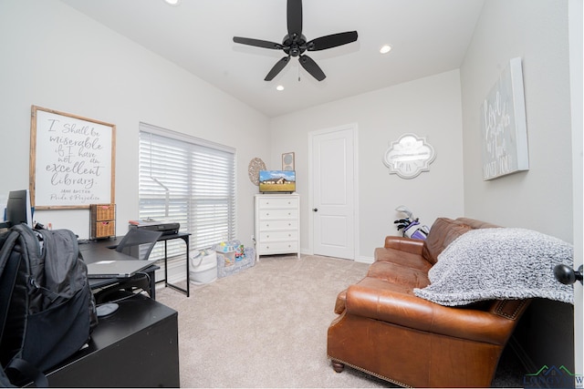 office area featuring recessed lighting, baseboards, a ceiling fan, and carpet floors