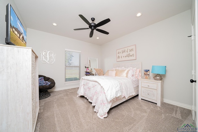 carpeted bedroom with a ceiling fan, recessed lighting, and baseboards