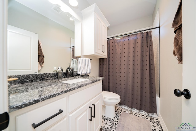 bathroom featuring tile patterned flooring, visible vents, toilet, vanity, and shower / bathtub combination with curtain