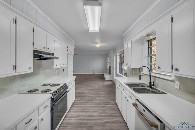 kitchen featuring white cabinetry, sink, stainless steel dishwasher, range with electric stovetop, and ornamental molding