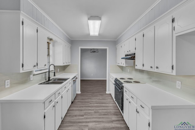 kitchen with white cabinets, range with electric stovetop, and sink