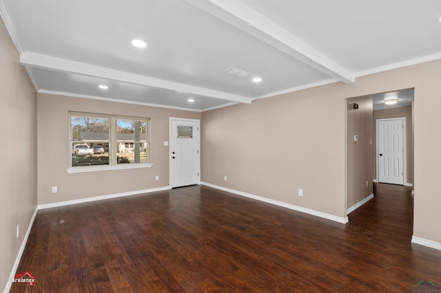 unfurnished living room featuring beam ceiling, dark wood-type flooring, and ornamental molding