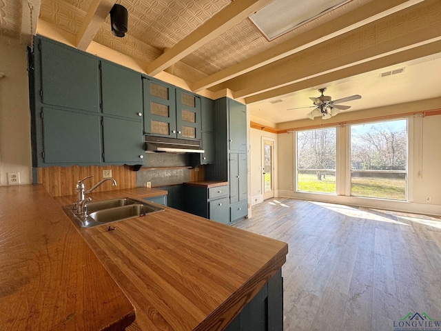 kitchen featuring visible vents, light wood-style flooring, a ceiling fan, a sink, and green cabinetry