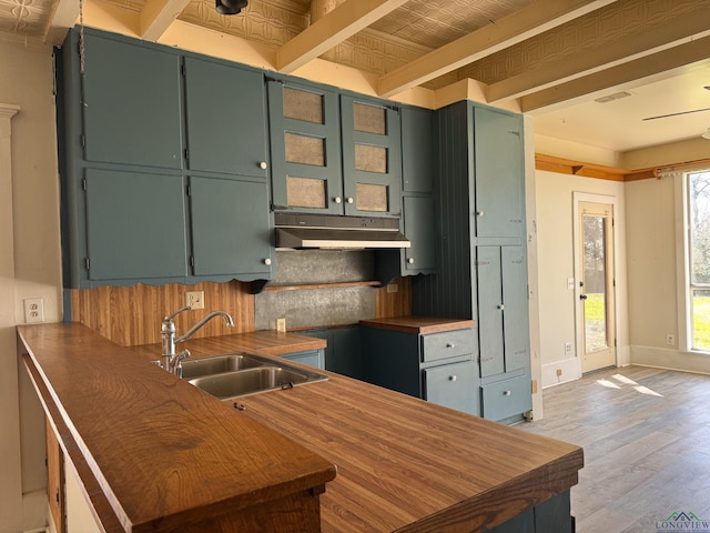 kitchen featuring baseboards, light wood-style flooring, a sink, under cabinet range hood, and tasteful backsplash