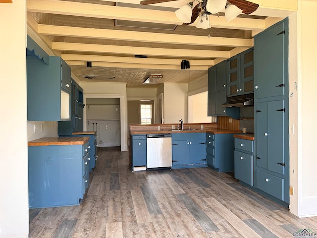 kitchen with wood finished floors, wood counters, a ceiling fan, and stainless steel dishwasher