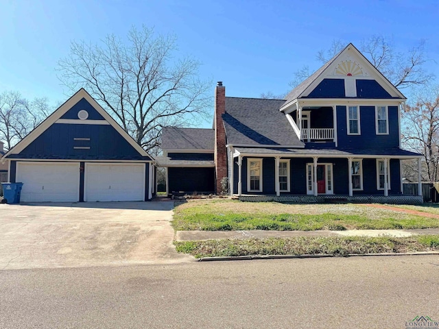 view of front facade with a front lawn, a porch, concrete driveway, a garage, and a balcony