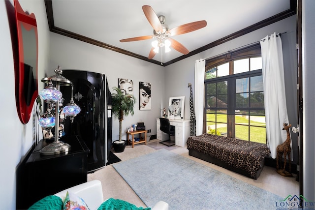 bedroom featuring ceiling fan and crown molding