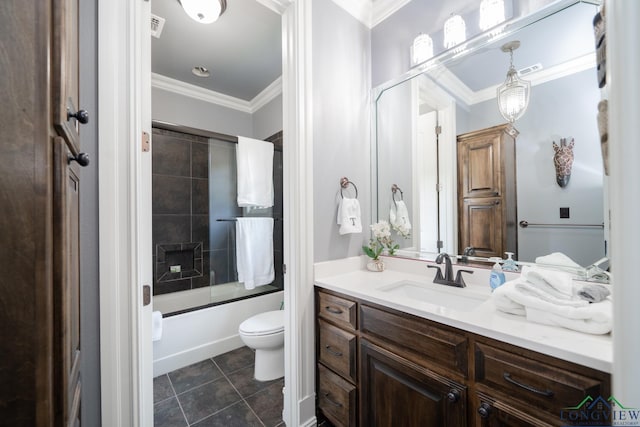 full bath with tile patterned flooring, toilet, shower / bath combination with glass door, vanity, and crown molding