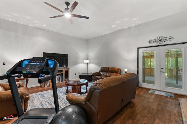 living room with french doors, wood finished floors, and a ceiling fan