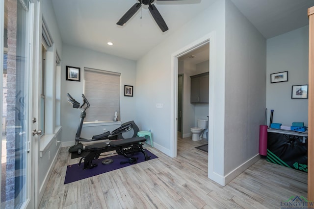 workout room featuring ceiling fan, recessed lighting, light wood-style flooring, and baseboards