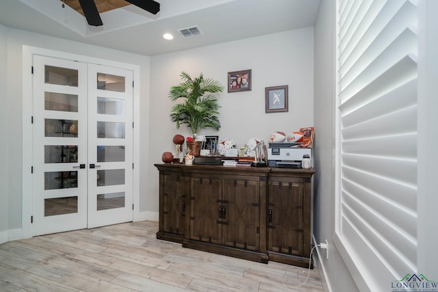 bar featuring ceiling fan, light wood-style flooring, recessed lighting, visible vents, and french doors