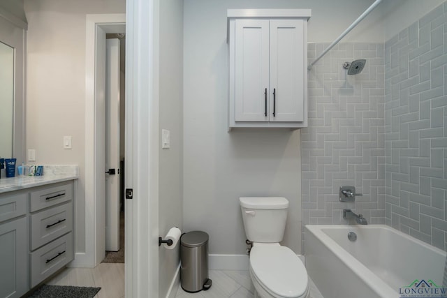 bathroom featuring washtub / shower combination, baseboards, vanity, and toilet