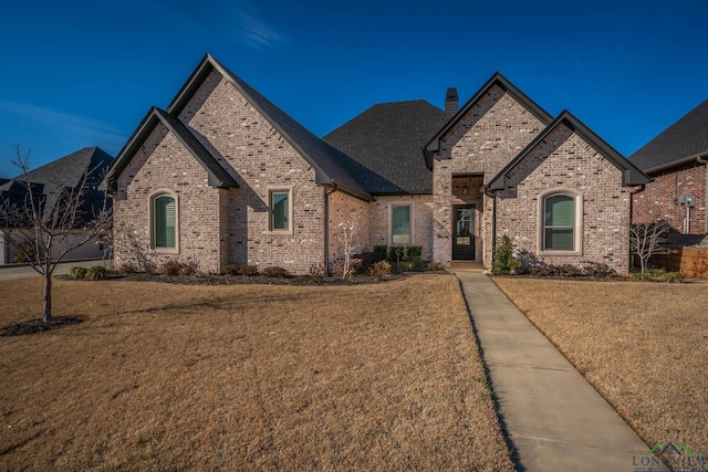 french country home with brick siding, a chimney, and a front yard