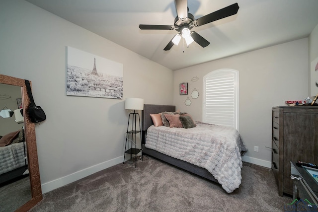 bedroom featuring carpet floors, ceiling fan, and baseboards