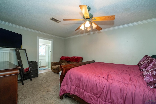 bedroom with connected bathroom, crown molding, light colored carpet, and a textured ceiling