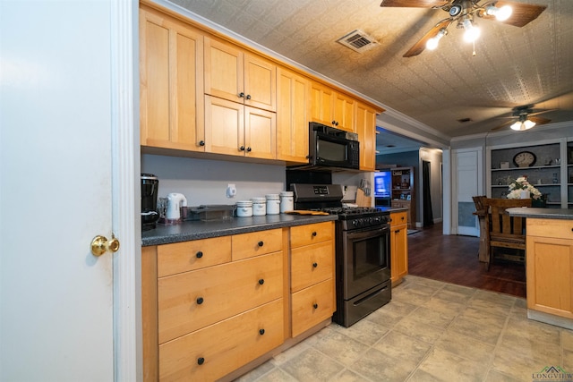 kitchen with ornamental molding, black appliances, and ceiling fan