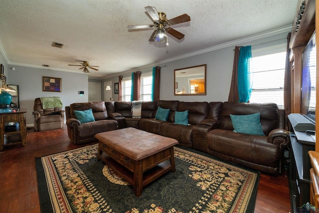 living room featuring ornamental molding, dark hardwood / wood-style floors, and ceiling fan