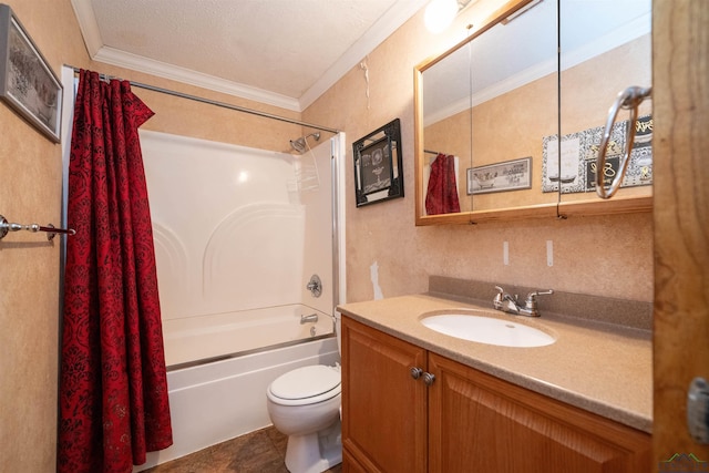 full bathroom with crown molding, shower / bath combo, vanity, a textured ceiling, and toilet