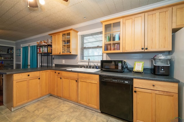 kitchen with sink, crown molding, kitchen peninsula, ceiling fan, and black appliances