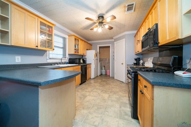 kitchen featuring sink, crown molding, light brown cabinets, ceiling fan, and black appliances