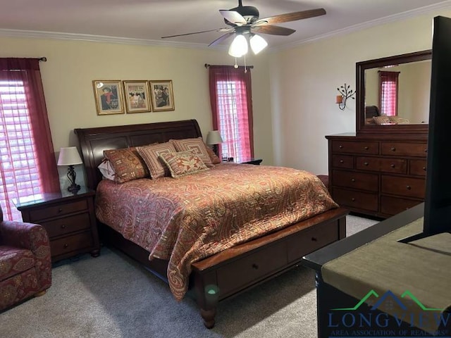 1203 Tiffany Ln, Longview, TX 75604 - bedroom with light carpet, ornamental molding, and ceiling fan