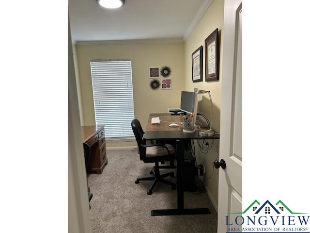 1203 Tiffany Ln, Longview, TX 75604 - carpeted home office with ornamental molding and baseboards