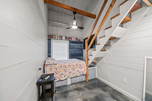 13391 County Road 4336, Larue, TX 75770 - bedroom featuring finished concrete flooring, wooden walls, and beam ceiling