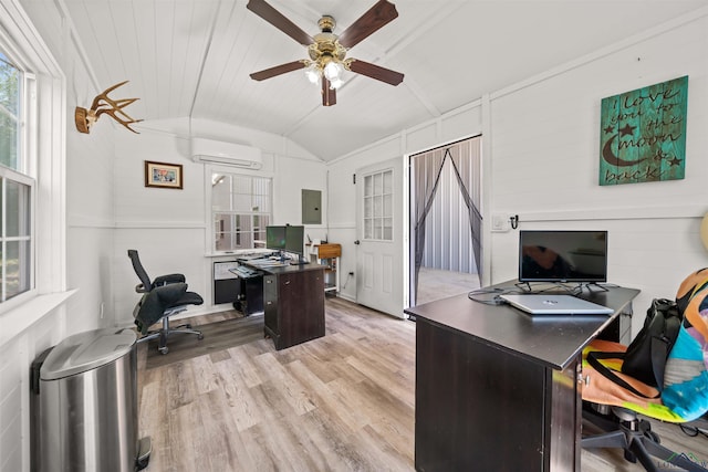 13391 County Road 4336, Larue, TX 75770 - office with a wall unit AC, vaulted ceiling, light wood-type flooring, ceiling fan, and electric panel