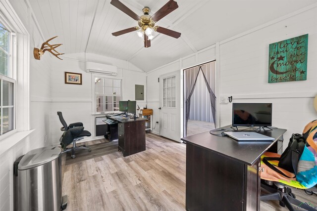 13391 County Road 4336, Larue, TX 75770 - home office featuring a wall mounted AC, lofted ceiling, light wood finished floors, ceiling fan, and electric panel