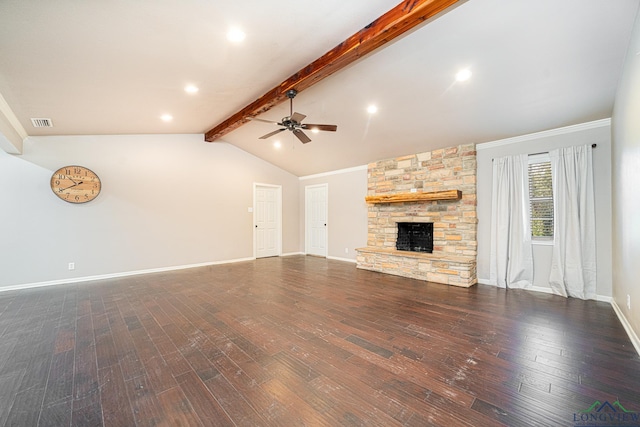 unfurnished living room with a fireplace, ceiling fan, lofted ceiling with beams, and dark hardwood / wood-style floors