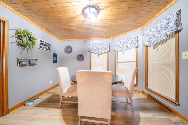 dining room featuring light hardwood / wood-style flooring, crown molding, and wood ceiling