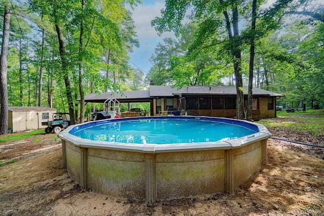 view of pool featuring a storage shed