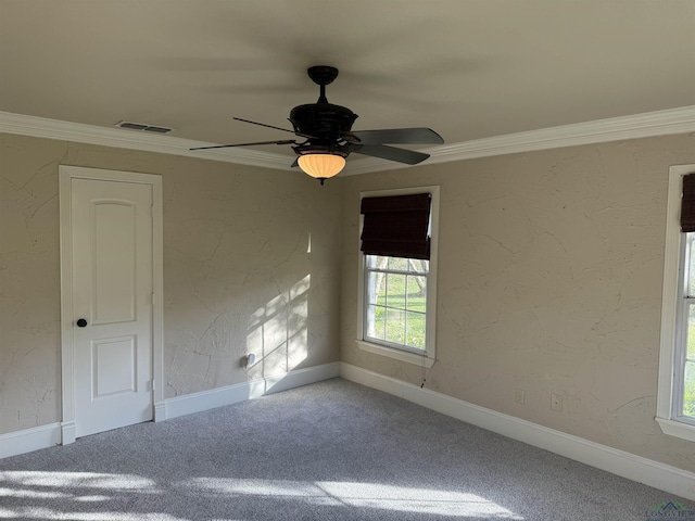 unfurnished room featuring carpet, ceiling fan, and crown molding