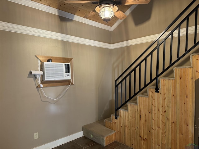 stairway featuring ceiling fan, wooden ceiling, a wall mounted air conditioner, tile patterned floors, and crown molding