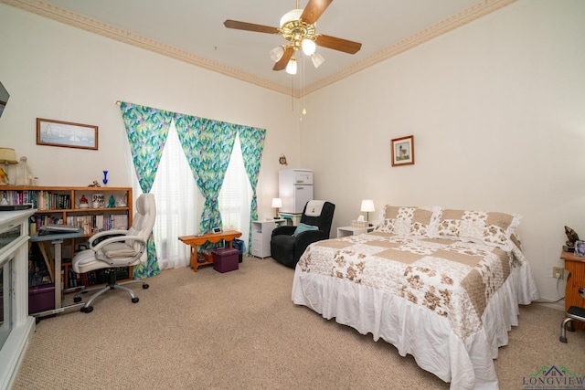 bedroom with carpet flooring, ceiling fan, and ornamental molding