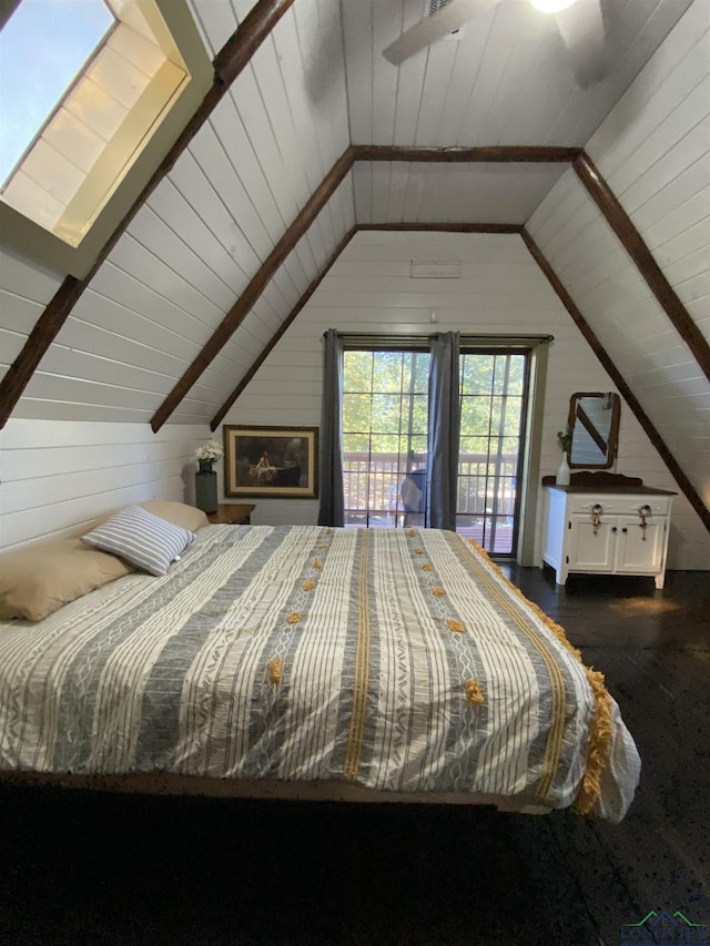 bedroom with lofted ceiling, wooden ceiling, and wooden walls