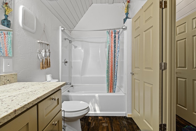 111 Inwood St, Avinger, TX 75630 - full bathroom featuring wood finished floors, vanity, shower / tub combo, wooden ceiling, and toilet