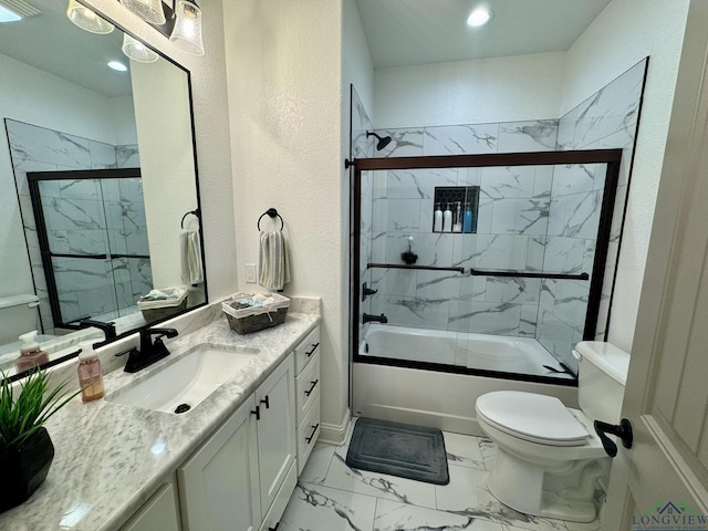 bathroom featuring shower / bath combination with glass door, toilet, recessed lighting, vanity, and marble finish floor