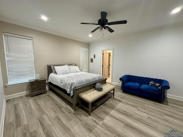 bedroom featuring recessed lighting, wood finished floors, ceiling fan, baseboards, and crown molding
