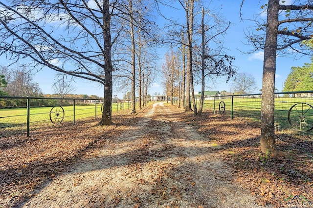 view of street with a rural view and dirt driveway