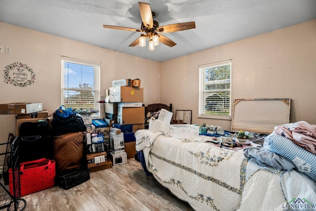 bedroom with a textured ceiling, multiple windows, and wood finished floors