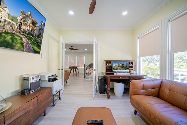 living room with french doors, light hardwood / wood-style floors, ceiling fan, and ornamental molding