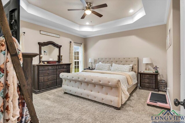 204 Nolan Farms, Winona, TX 75792 - bedroom featuring a tray ceiling, ornamental molding, light colored carpet, and ceiling fan
