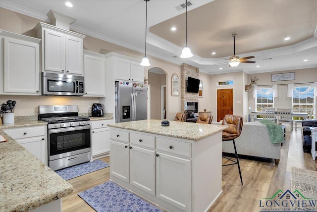 204 Nolan Farms, Winona, TX 75792 - kitchen with white cabinets, appliances with stainless steel finishes, light stone countertops, and a raised ceiling