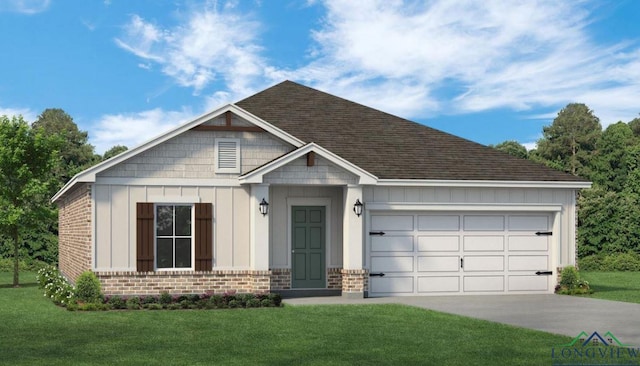 view of front of property with brick siding, board and batten siding, an attached garage, and a front yard