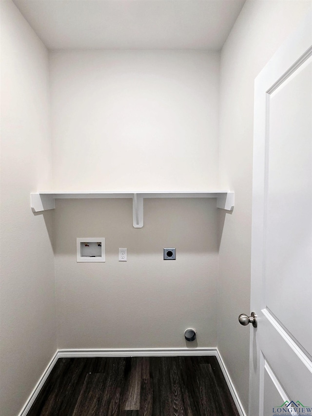 laundry area with dark wood-style flooring, baseboards, electric dryer hookup, laundry area, and washer hookup