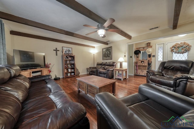 living room with dark hardwood / wood-style flooring, beam ceiling, and ceiling fan