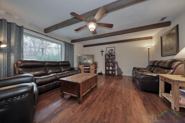 living room featuring beamed ceiling, ceiling fan, and dark hardwood / wood-style floors